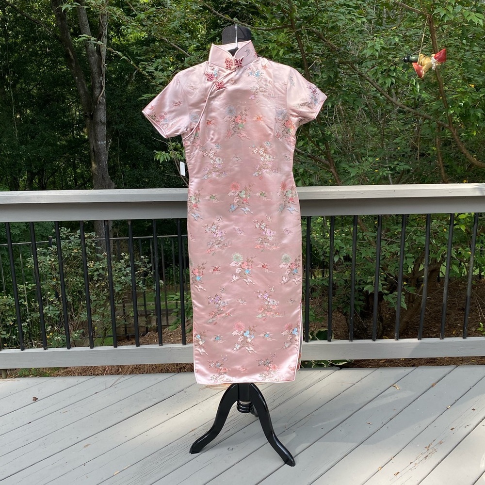 Vintage 50s 60s Asian Novelty Crane Bird Chesong Manchurian Collar Dress